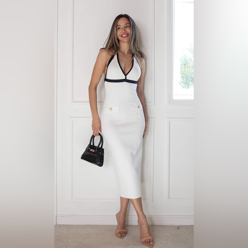 ZARA Halter Stretch Contouring Sculpt Fabric Bodycon Sailor Midi Dress sz Large